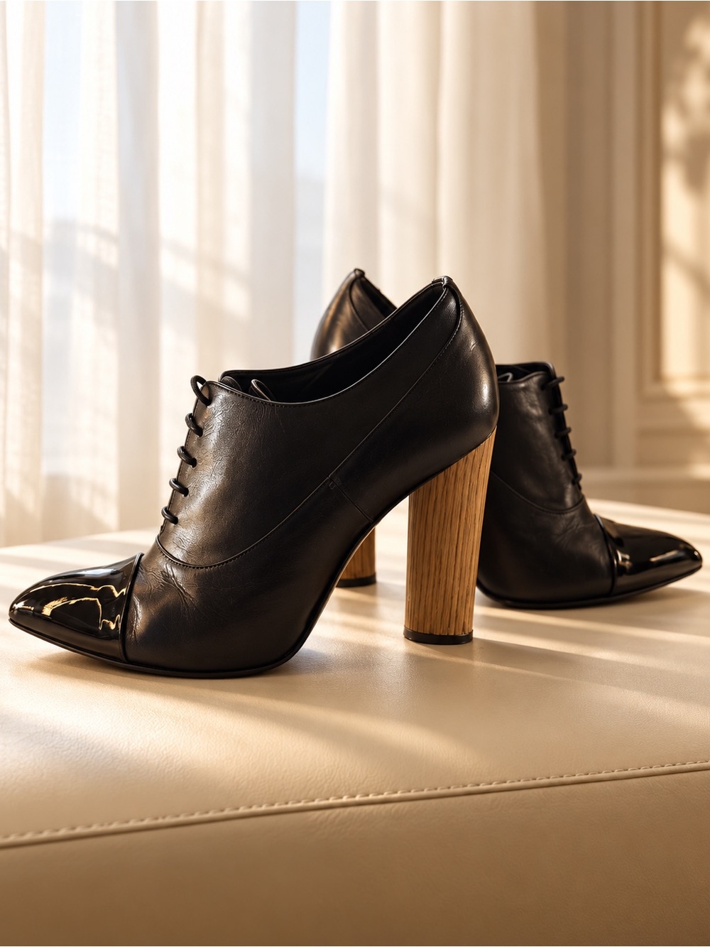 Yves Saint Laurent Black Leather Pointed Lace-Up Block Heel Booties